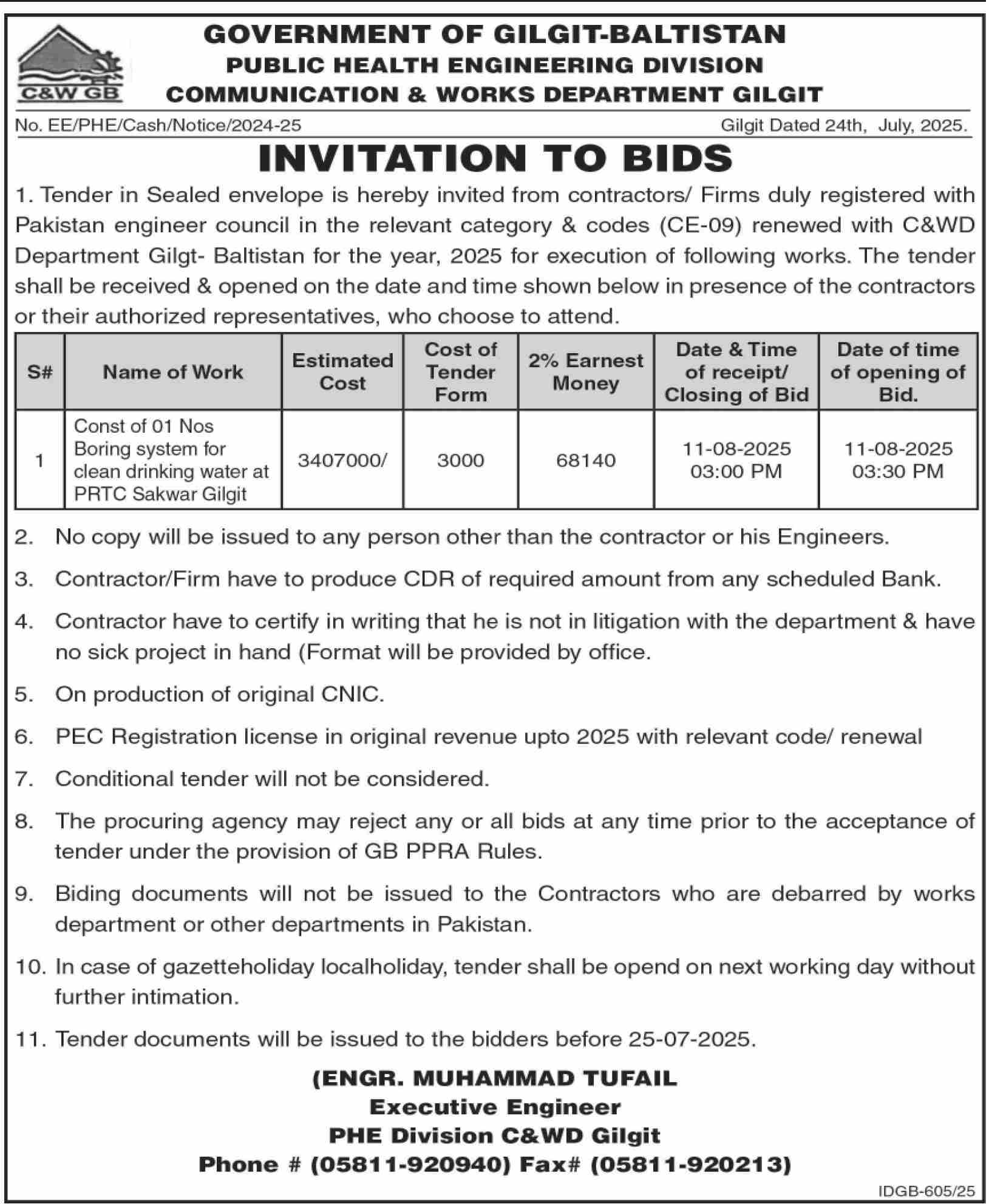 Communication & Works Department Gilgit Tender Notice